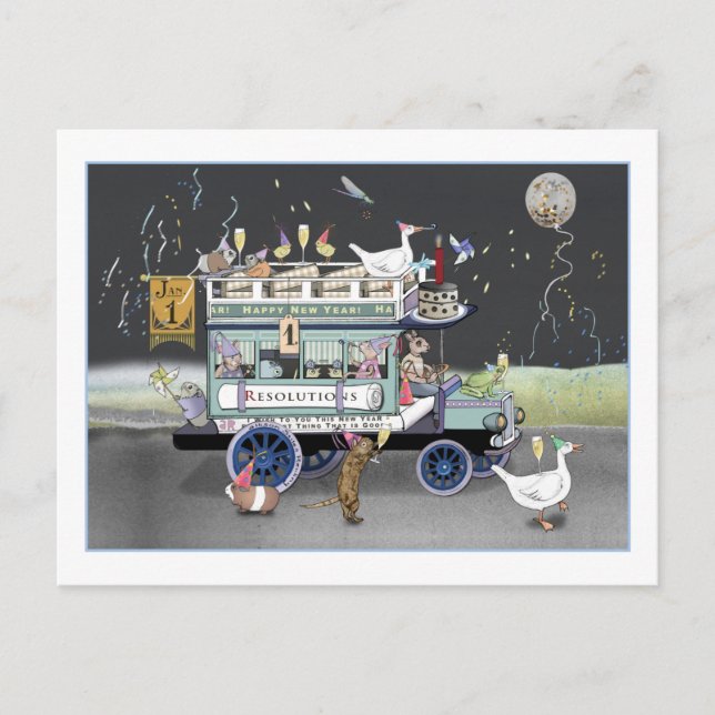 Happy New Year Omnibus Postcard Postkarte (Vorderseite)