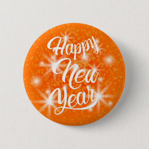 Happy New Year Orange Watercolor Spritzer Button