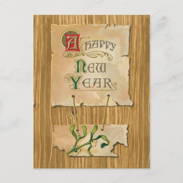 Happy New Year Parchment & Missletoe Falschholz Feiertagspostkarte (Vorderseite)