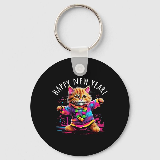 Happy New Year Party Dancing Cat Design  Schlüsselanhänger (Vorderseite)