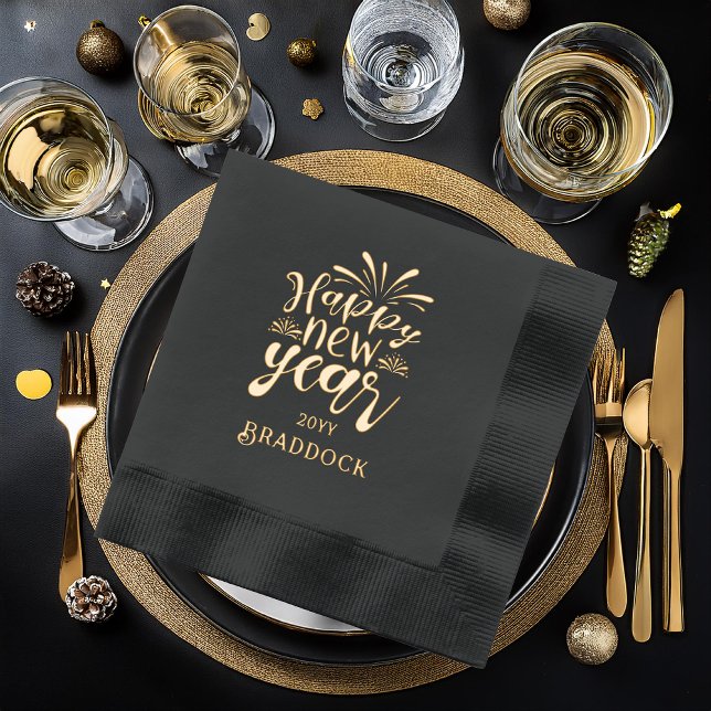 Happy New Year Party Foil Stamps Servietten Mit Folie ("Happy New Year" Party Name and Year Black | Gold Stamped Foil Napkins)