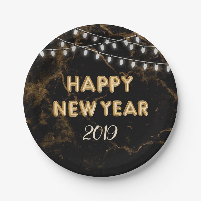 Happy New Year Party Gold Balloons Lights Black Pappteller (Vorderseite)