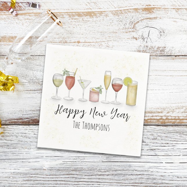 Happy New Year Party Watercolor Cocktail Drinks Serviette (Von Creator hochgeladen)