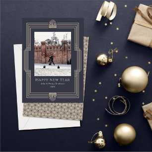Happy New Year Photo Deco Navy Gold  Holiday Card Feiertagskarte