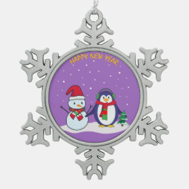Happy New Year Pinguin, Schneemann Schneeflocken Zinn-Ornament