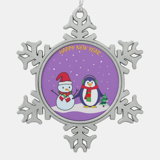 Happy New Year Pinguin, Schneemann Schneeflocken Zinn-Ornament (Vorderseite)