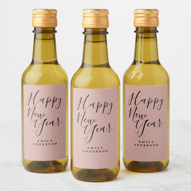 Happy New Year Pink Glitzer Personalisiertes Party Weinetikett (Flaschen)