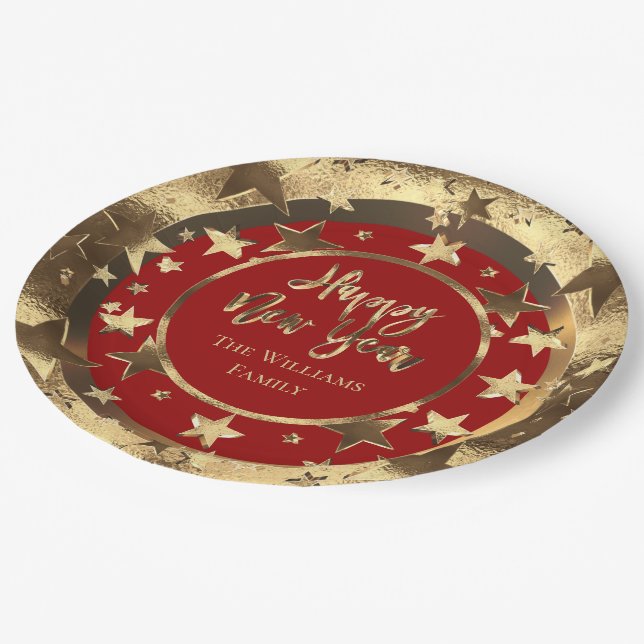 Happy New Year Red and Gold Look Stars Elegant Pappteller (Schrägansicht)