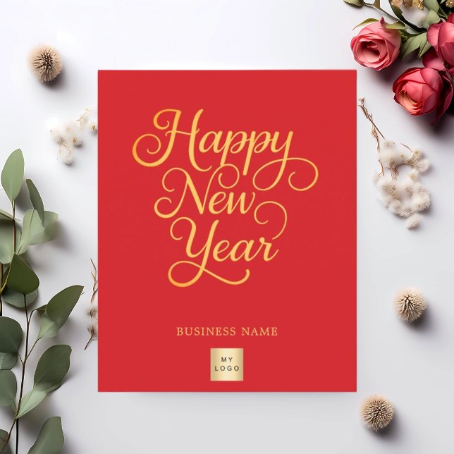 Happy New Year Red Gold Script Business-Logo Flyer (Von Creator hochgeladen)