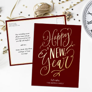 Happy New Year Red Gold Script Modernes Non-Foto Folien Feiertagspostkarte