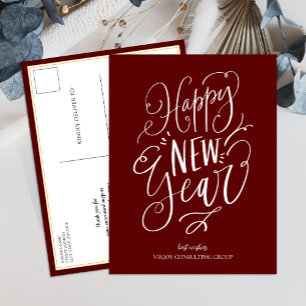 Happy New Year Red Script Modern Business Feiertagspostkarte
