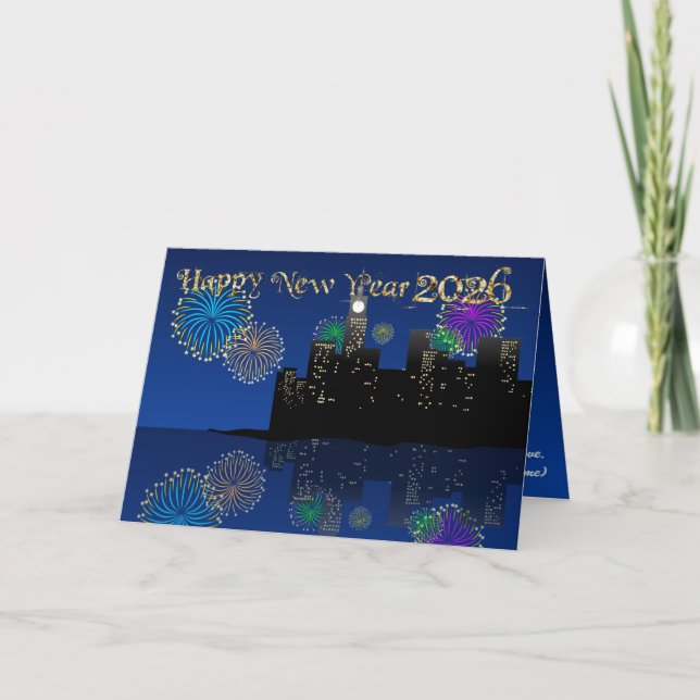 Happy New Year’s Eve Midnight Fireworks City Light Karte (Vorderseite)