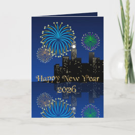Happy New Year’s Eve Midnight Fireworks City Light Karte