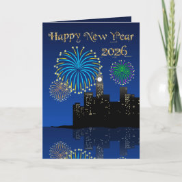 Happy New Year’s Eve Midnight Fireworks City Light Karte