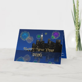Happy New Year’s Eve Midnight Fireworks City Light Karte