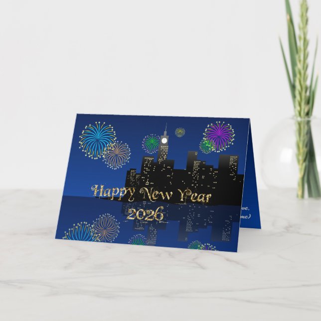 Happy New Year’s Eve Midnight Fireworks City Light Karte (Vorderseite)