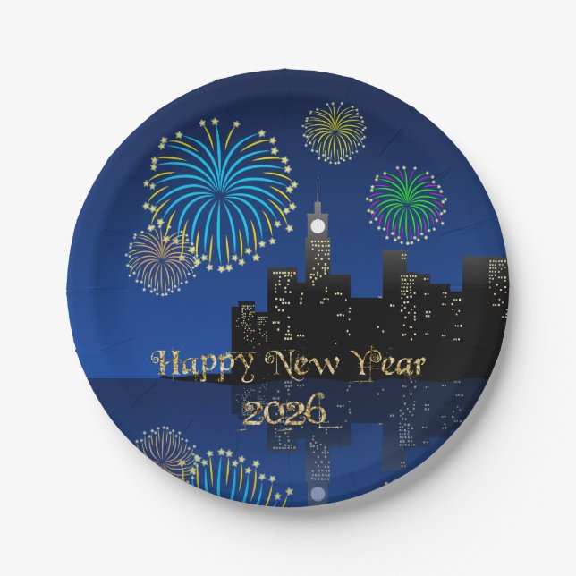 Happy New Year’s Eve Midnight Fireworks City Light Pappteller (Vorderseite)