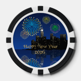 Happy New Year’s Eve Midnight Fireworks City Light Pokerchips