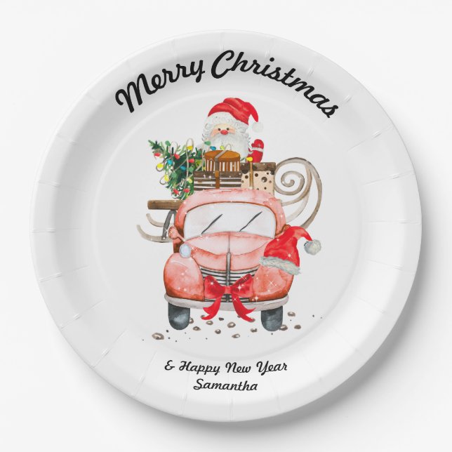 Happy new year Santa truck merry Christmas Pappteller (Vorderseite)
