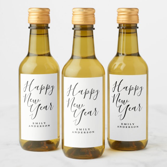 Happy New Year Schwarz-weißes Personalisiertes Par Weinetikett (Flaschen)