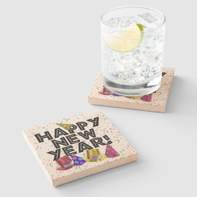 Happy New Year - Schwarzer Text mit Party Hats Steinuntersetzer (Seitenansicht)