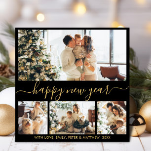 Happy New Year Script Black Gold 4 Foto Collage Feiertagskarte