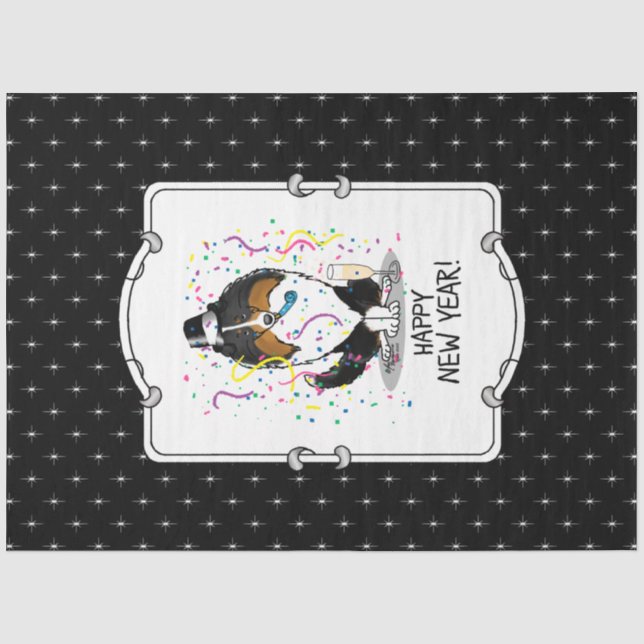 Happy New Year Shetland Sheepdog (Trikolon) Niedli Seidenpapier (Vorderseite)
