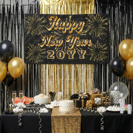Happy New Year Simple Black And Gold Party  Banner