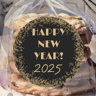Happy New Year Simple Elegante Black and Gold Runder Aufkleber