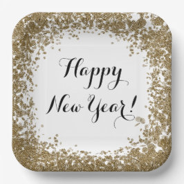 Happy New Year Simple Gold and White Confetti Pappteller