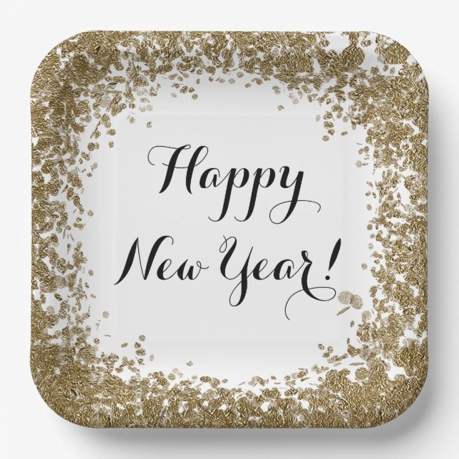 Happy New Year Simple Gold and White Confetti Pappteller (Vorderseite)
