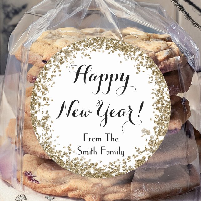 Happy New Year Simple Gold and White Runder Aufkleber (Von Creator hochgeladen)