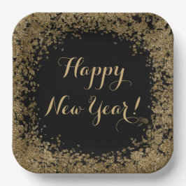 Happy New Year Simple Gold Confetti und Black Pappteller