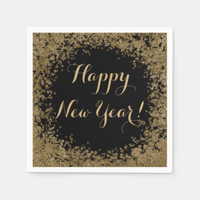 Happy New Year Simple Gold Confetti und Black Serviette (Vorderseite)