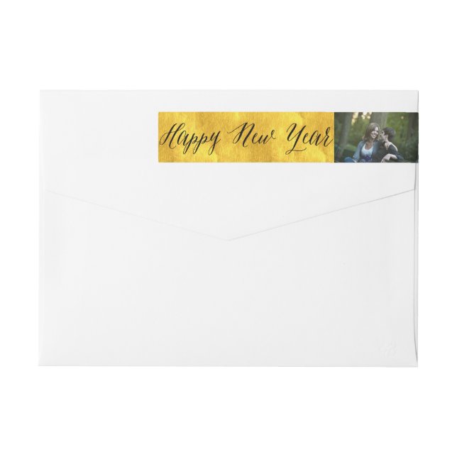 Happy New Year Simple Script Golden Foto Adresse (Rückseite)