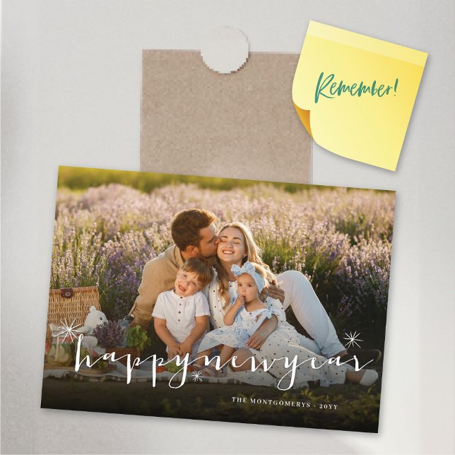 Happy New Year Sternexplosionen Foto Magnetic Card Magnetkarte (Happy New Year Classic Script Starbursts Photo Magnetic Card @ fat_fa_tin)