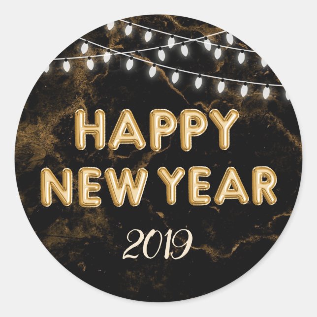 Happy New Year String Lights Gold Balloons Black Runder Aufkleber (Vorderseite)