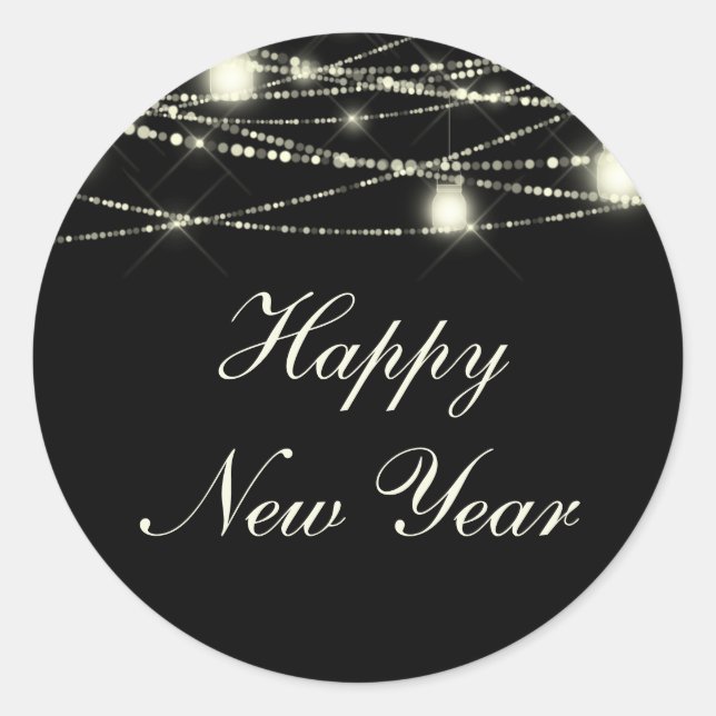 Happy New Year String Lights Jars Black Runder Aufkleber (Vorderseite)
