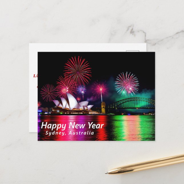 Happy New Year Sydney Australien Postkarte (Vorderseite/Rückseite Beispiel)