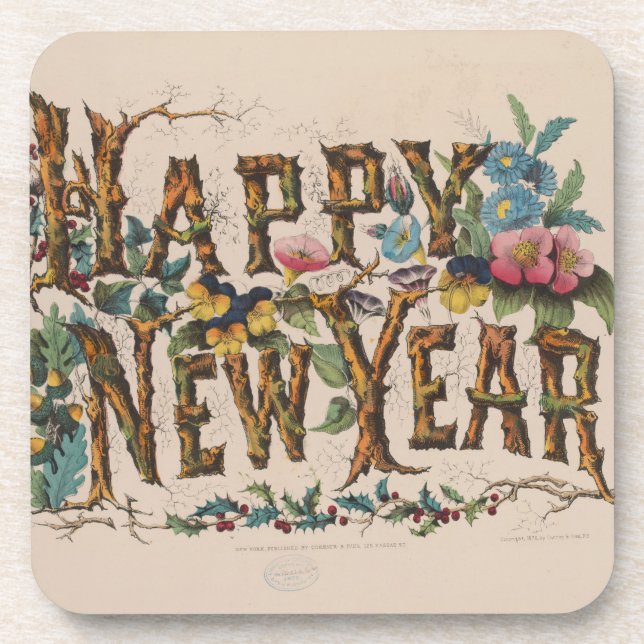  Happy New Year, Vintage Currier & Ives Print Getränkeuntersetzer (Vorderseite)