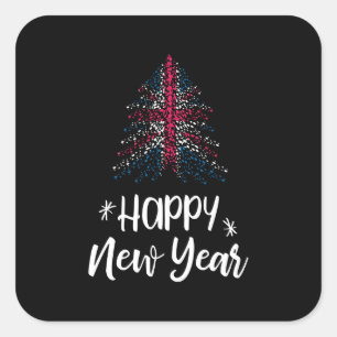 Happy New Year Weihnachtsbaum mit britischer Flagg Quadratischer Aufkleber