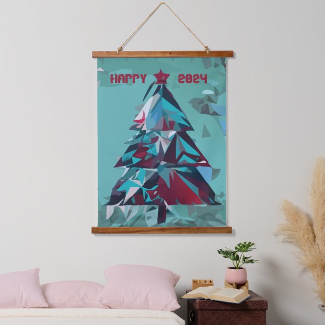 Happy New Year Weihnachtsbaum Wandteppich Mit Holzrahmen (Schlafzimmer)