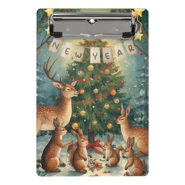 Happy New Year Woodland Animal Mini Klemmbrett (Vorderseite)