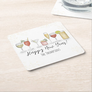 Happy New Years Cocktail Drinks Aquarell Party Rechteckiger Pappuntersetzer
