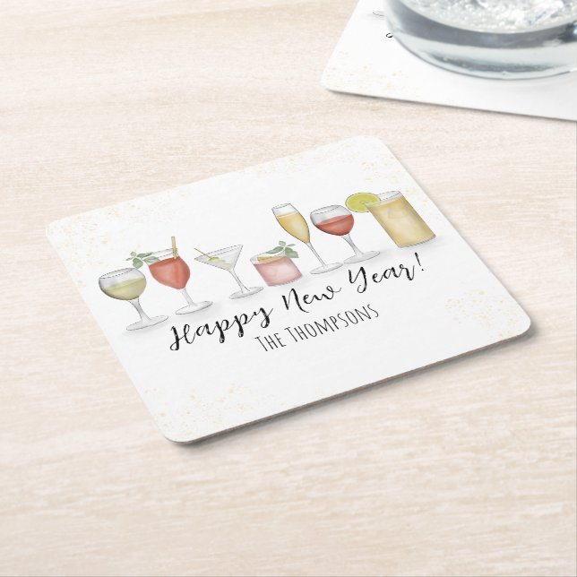 Happy New Years Cocktail Drinks Aquarell Party Rechteckiger Pappuntersetzer (angewinkelt)