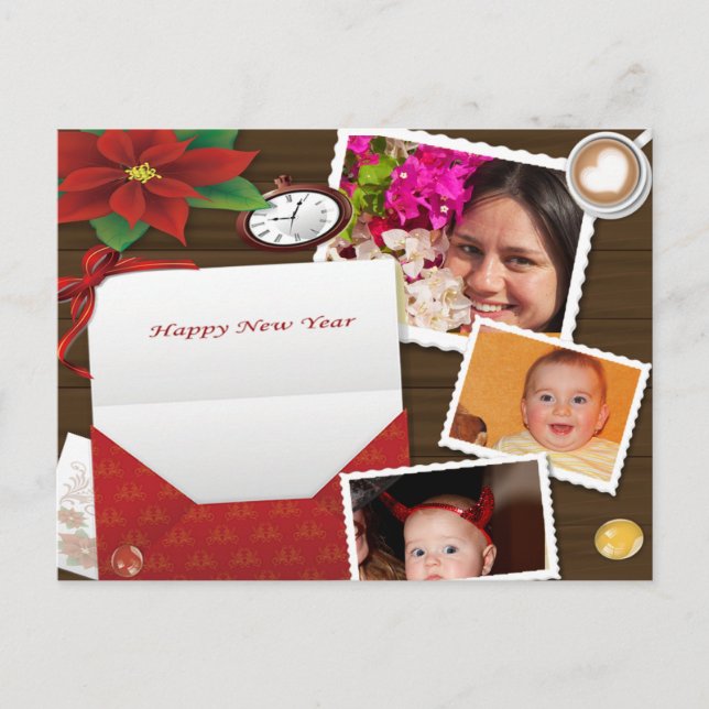 Happy New Year's mit Holly Add Fotos Postkarte (Vorderseite)
