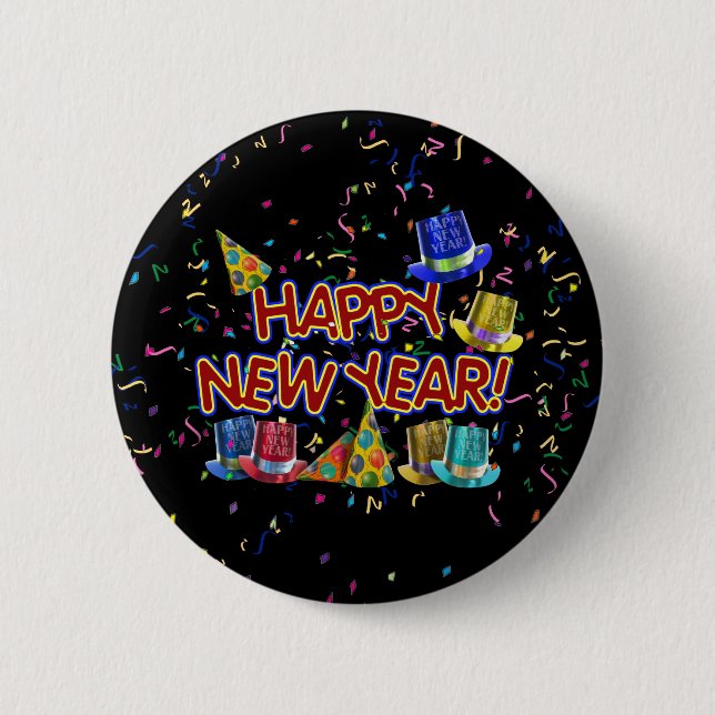 Happy New Years Text mit Party Hats & Confetti Button (Vorderseite)