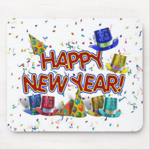 Happy New Years Text mit Party Hats & Confetti Mousepad