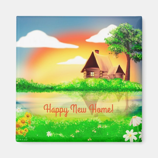 Happy New Zuhause Cabin Scene Square Magnet (Vorne)