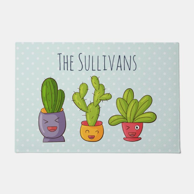 Happy Niedlich Cactus in Blume Pots Fun Illustrati Fußmatte (Vorderseite)